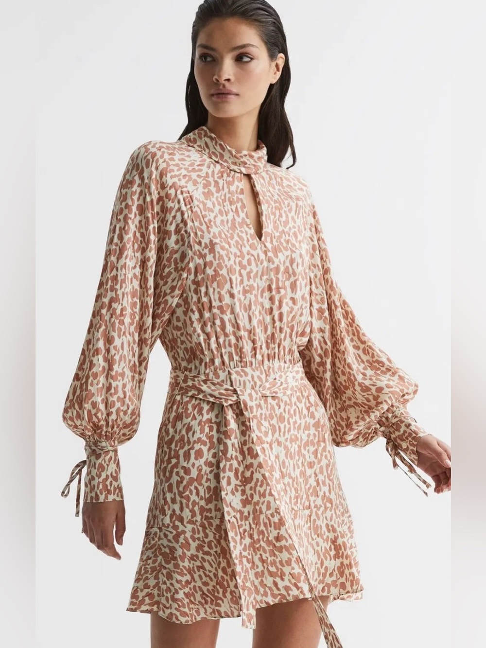 Reiss Blush Leopard-Print Long-Sleeve Tie-Waist Dress US Sz 8
